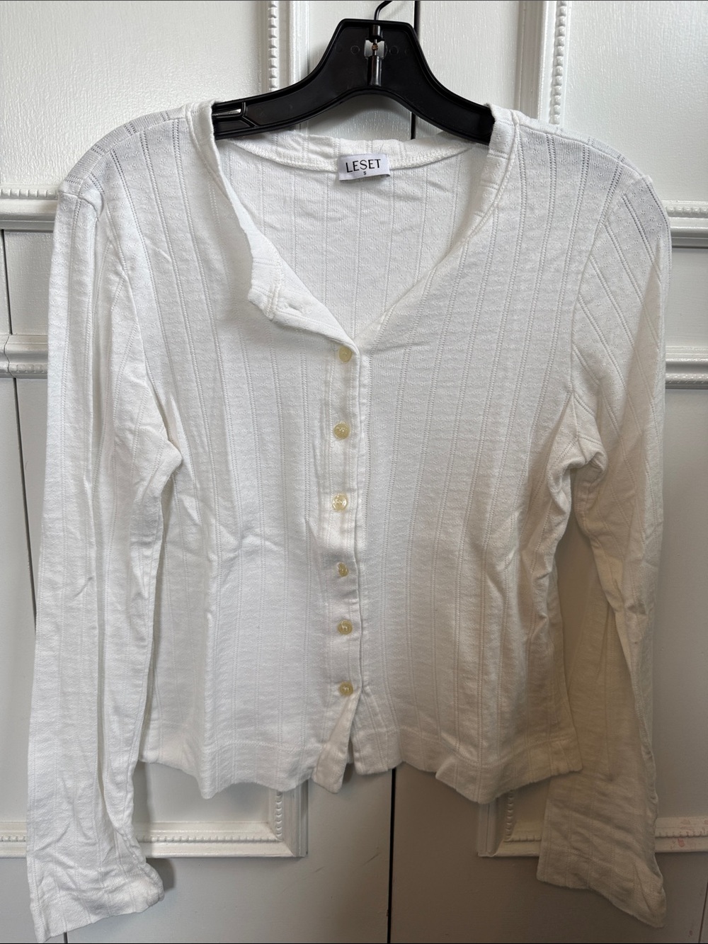 LESET White Pointelle Button-Front Long Sleeve Cardigan